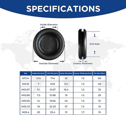 Rubber Plugs for Round Holes-205pcs Assorted Rubber Grommets in 7 Sizes M25.4, M22.23, M19.05, M15.88, M12.07, M7.14, M9.53-Waterproof Rubber Grommet Kit Wire Grommet Perfect for Sealing Auto Panel