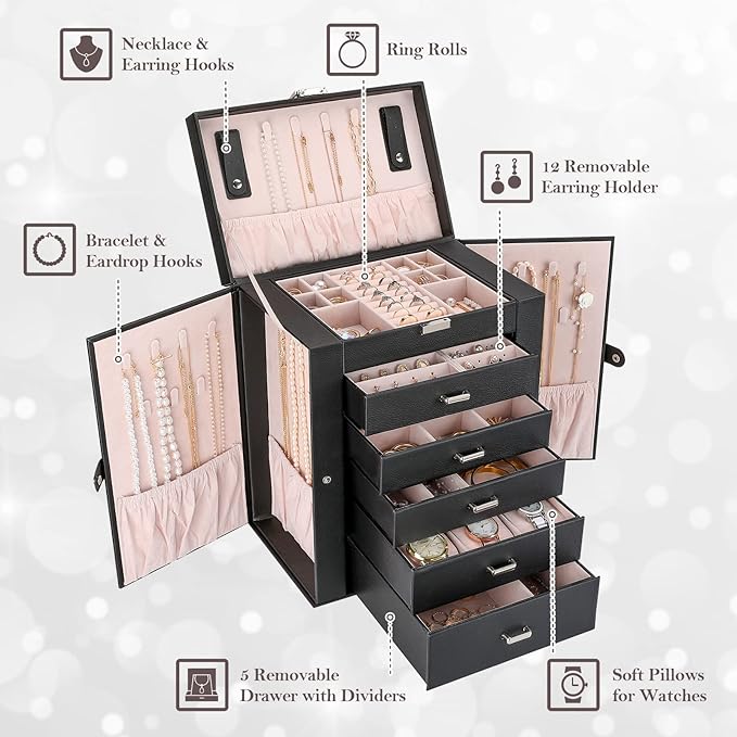 ProCase Large Jewelry Organizer Box for Women, 6 Layers Storage Display Holder Case with Drawers and Dividers for Earrings Necklaces Rings Bracelets, Mother's Day Gift -Black