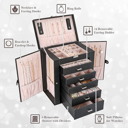 ProCase Large Jewelry Organizer Box for Women, 6 Layers Storage Display Holder Case with Drawers and Dividers for Earrings Necklaces Rings Bracelets, Mother's Day Gift -Black