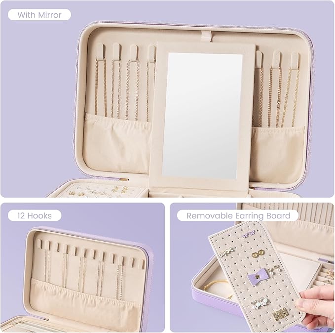 Lolalet Travel Jewelry Case for Women Girls, Travel Jewelry Organizer Box with Mirror & Clear Storage Bag, Small Portable Earring Necklace Bracelet Ring Case, Birthday Valentine Gifts -Large, Purple