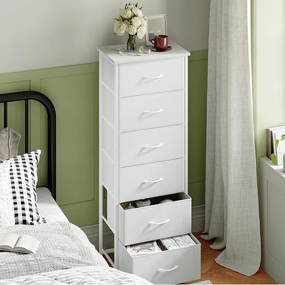 Somdot Tall Dresser for Bedroom with 6 Drawers, Storage Organizer Chest of Drawers with Removable Fabric Bins for Closet Bedside Living Room Laundry Entryway Hallway, White Leather