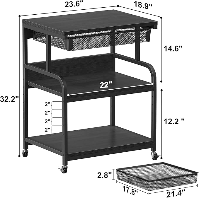 EasyCom 23.6''x18.9'' Extra Large Printer Stand with Drawer, 5-Adjustable Heights 3 Tier Table with Wheels, Rolling Printer Cart with Storage for Printer Scanner Fax Home Office Use
