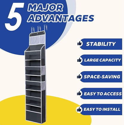 Over The Door Organizer 6 Tier with 12 Pockets & Reinforced Hooks - 59" Hanging Storage Organizer for Bathroom, Nursery, Pantry & Laundry (Deep Grey)
