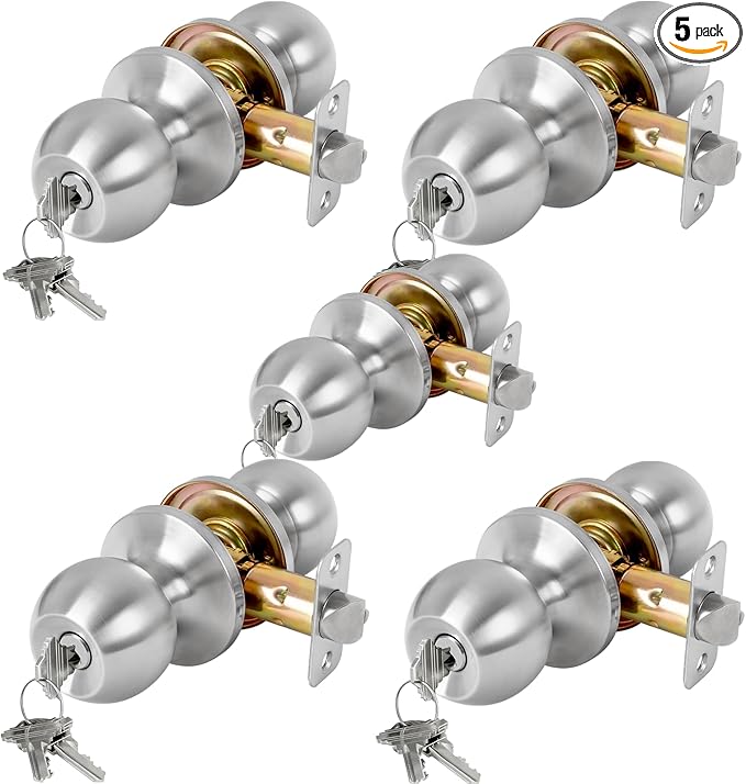 5 Pack Keyed Entry Door Knob with Lock and Key, Exterior and Interior Door Knob for Bedroom or Bathroom, Satin Nickel, Not Keyed Alike