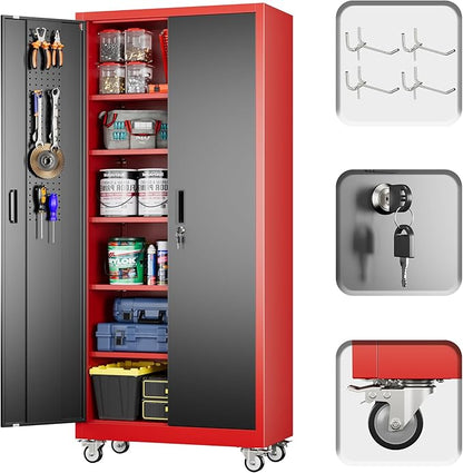 71" H Garage Storage Cabinet with Wheels and Pegboard, Lockable Metal Storage Cabinet with 5 Adjustable Shelves and 4 Hooks for Garage,Warehouse, Home, Assembly Required, Black and Red
