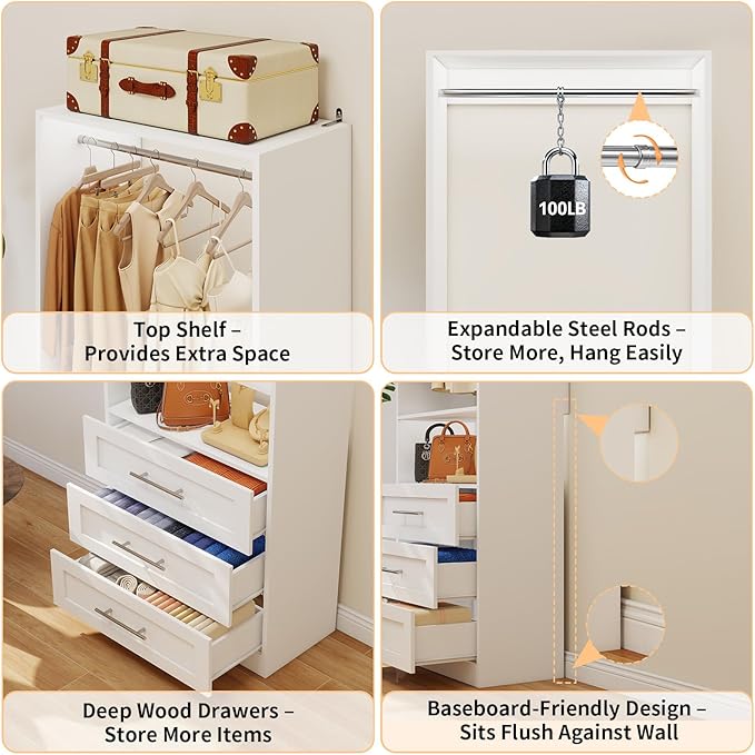 Closet System with 2 Sets, 4FT-10FT Customizable Closet Organizer System with 6 Wooden Drawers & 2 Shelves, Walk-in Closet or Freestanding Tower Closet Storage System with 4 Hanging Rods, White