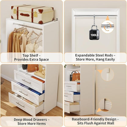 Closet System with 2 Sets, 4FT-10FT Customizable Closet Organizer System with 6 Wooden Drawers & 2 Shelves, Walk-in Closet or Freestanding Tower Closet Storage System with 4 Hanging Rods, White