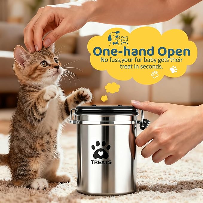 Dog Treat Container Airtight,5.9"x4.7" Stainless Steel Cat Treat Jar for Kitchen Counter with Scoop, Pet Storage for Fresh Dog Cookie