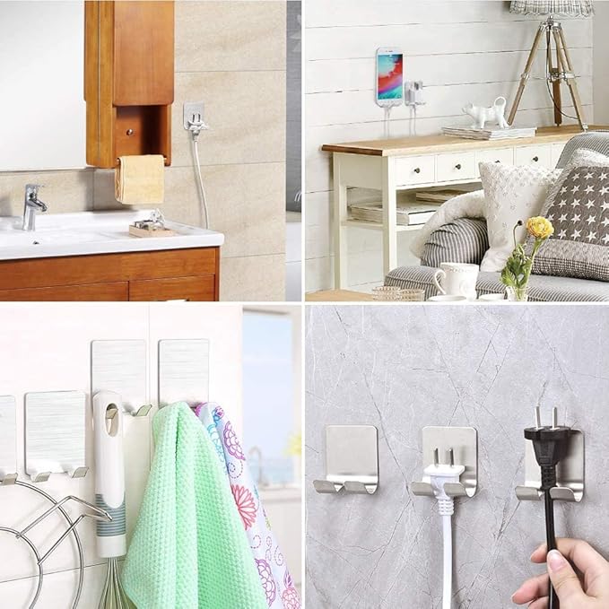 Deluxe Razor Holder for Shower-Hook Hanger Stand(4 Pack)Adhesive Stainless Steel Heavy Duty Utility Storage Hook,Shower Hook for Razor Bathroom Kitchen Organizer for Shaver Plug Robe Towel Loofah Coat
