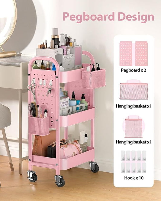 ALVOROG 3 Tier Rolling Cart with DIY Pegboards Metal Utility Cart with Wheels Handles Baskets Hooks, Craft Cart for Office Kitchen Bathroom(Cherry Blossom Pink)