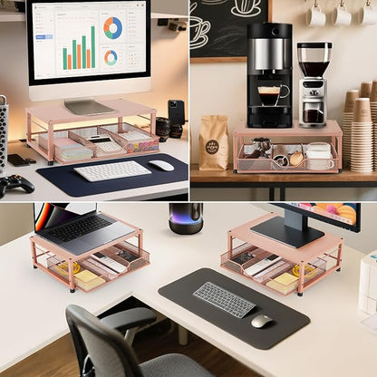 Small Laptop Stand for Desk, Monitor Stand Riser, Office Desk Accessories, Computer Desktop Stand with Drawer for Home, Office, School (Bronze)