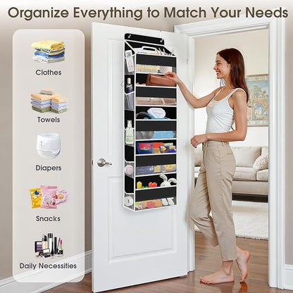 2 Pack Over The Door Organizer, Hanging Storage Organizer with Clear Window, 40lb Ultra Sturdy Large Capacity Room Organizer for Pantry Laundry Bathroom Nursery Closet (Black)