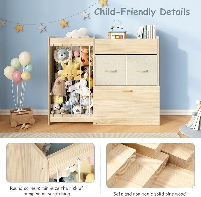Toy Organizer and Stuffed Animals Storage, All-in-One Toy Shelf with Stuffed Animal Holder, 2 Drawers, Movable Toy Chest & Top Shelf, Solid Wood Bedroom Toy Storage Organizer