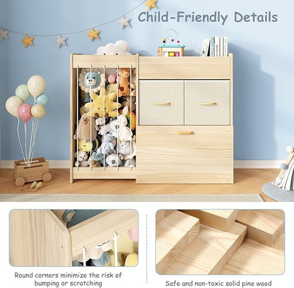 Toy Organizer and Stuffed Animals Storage, All-in-One Toy Shelf with Stuffed Animal Holder, 2 Drawers, Movable Toy Chest & Top Shelf, Solid Wood Bedroom Toy Storage Organizer