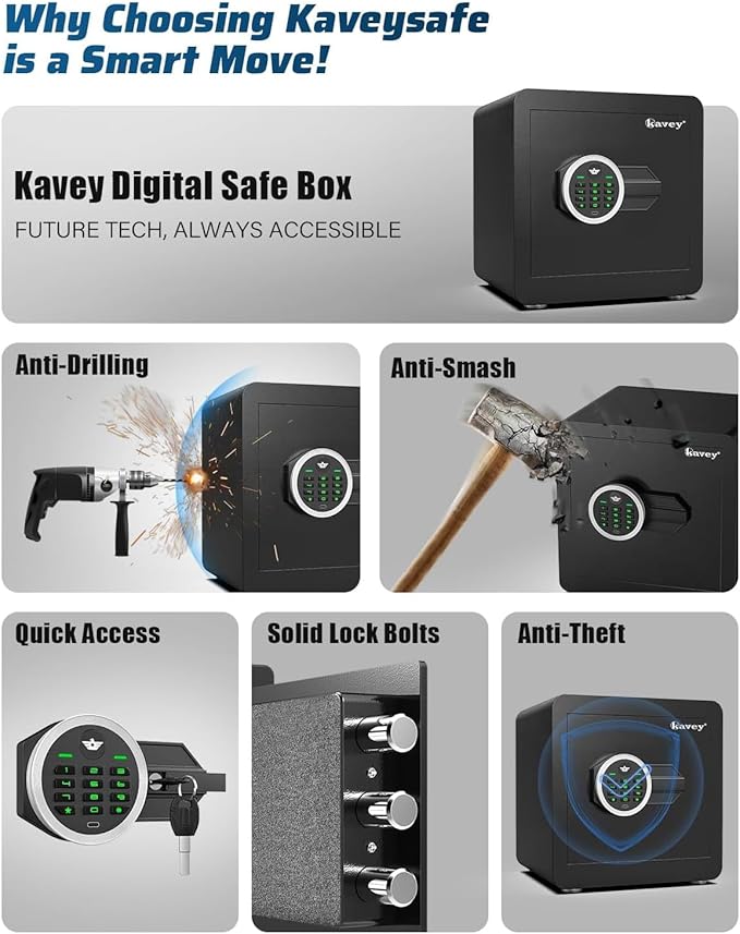 Kavey 1.2 Cub Safe Box, Home Safe with Digital Keypad and Dual Alarm System, Money Safe for With Mute Function and LED Light, Safes for Money Valuables