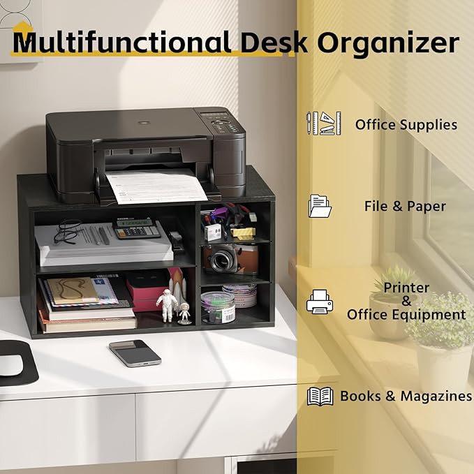 MARTY Printer Stand with Storage for Desk Large Desktop Printer Stand Desk Organizer with Paper Storage Holder File Organizer Wooden Printer Shelf Riser for Home/Office, Black