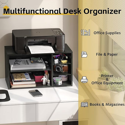 MARTY Printer Stand with Storage for Desk Large Desktop Printer Stand Desk Organizer with Paper Storage Holder File Organizer Wooden Printer Shelf Riser for Home/Office, Black