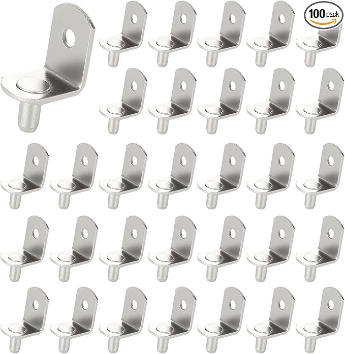 100 Pcs Shelf Support Pegs, 5mm Shelf Pegs Shelf Pins, Cabinet Adjustable Shelf Brackets Peg with Rubber Sleeve, L-Shaped Clips for Kitchen Bookcase Cabinet Furniture Support(Silver)