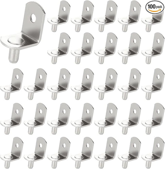 100 Pcs Shelf Support Pegs, 5mm Shelf Pegs Shelf Pins, Cabinet Adjustable Shelf Brackets Peg with Rubber Sleeve, L-Shaped Clips for Kitchen Bookcase Cabinet Furniture Support(Silver)