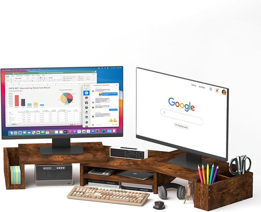 Wood Dual Monitor Stand Riser, Desk Organizers and Accessories with Storage Pen Holders, Adjustable Length and Angle 3 Shelf Extra Long 46" Desktop Organizer for 2 Monitors, Computer, Laptop, TV,Rustic Brown (Triple)