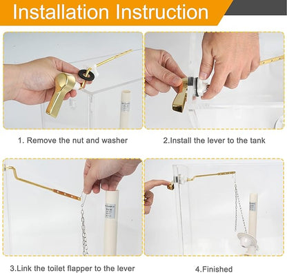 Hibbent Universal Metal Side Mount Toilet Handle Replacement Kit, Brass Toilet Flush Tank Lever with Stainless Steel Flapper Chains for Most Toilets, Shiny Gold