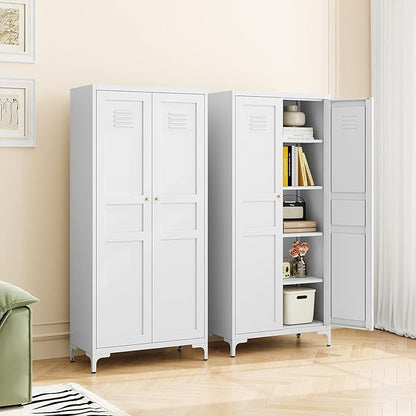 MIIIKO Storage Cabinet with Doors, Tall Kitchen Pantry Cabinet with 4 Shelves Freestanding, Metal White Cabinets for Laundry and Bathroom,14" D x 27.6" W x 61" H Tall Cupboard