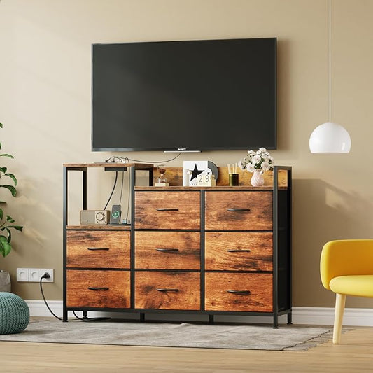 DUMOS TV Stand Dresser with 8 Fabric Drawers & Open Shelves, TV Stand for Up to 45 inch TV with Wooden Top, Entertainment Center with Charging Station for Living Room, Hallway, Brown