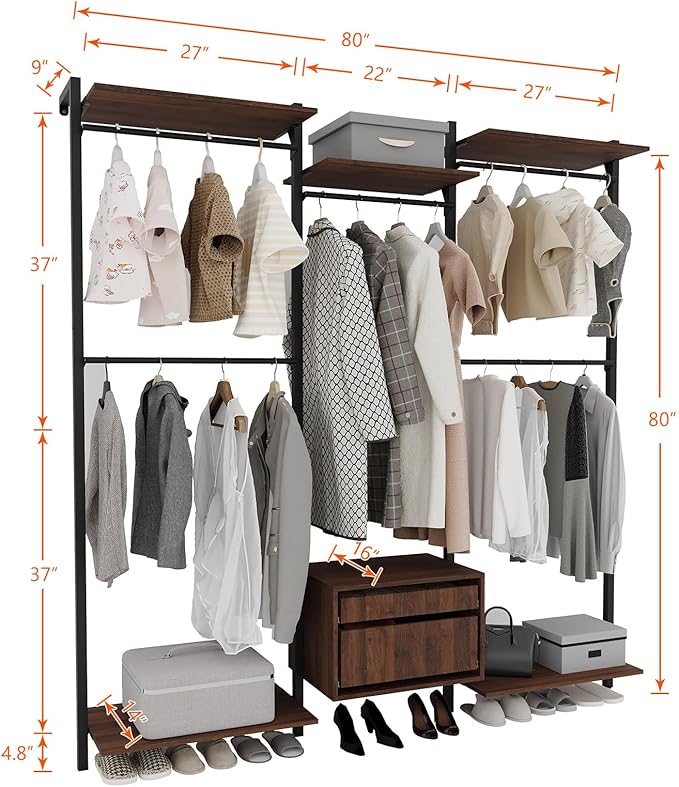 Wall-Mounted Steel & Wood Closet Organizer System with 4 Adjustable Shelves, 5 Hanging Rods, and 2 Drawers – Modern Open Wardrobe, Walnut