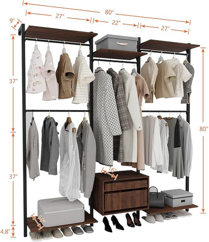 Wall-Mounted Steel & Wood Closet Organizer System with 4 Adjustable Shelves, 5 Hanging Rods, and 2 Drawers – Modern Open Wardrobe, Walnut