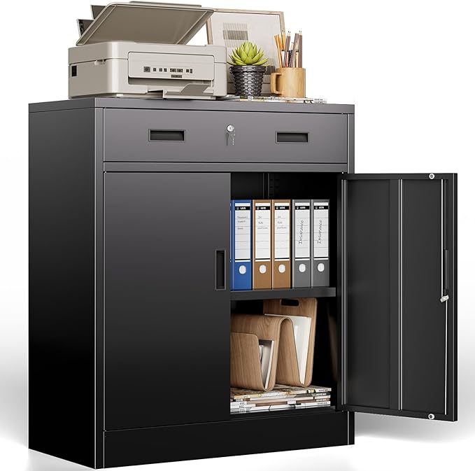 BESFUR Metal Garage Storage Cabinet with One Lockable Drawer 2 Locking Doors and an Adjustable Shelf, 36" Black Metal Short Storage Cabinet for Home Office,Garage,School,Utility Room