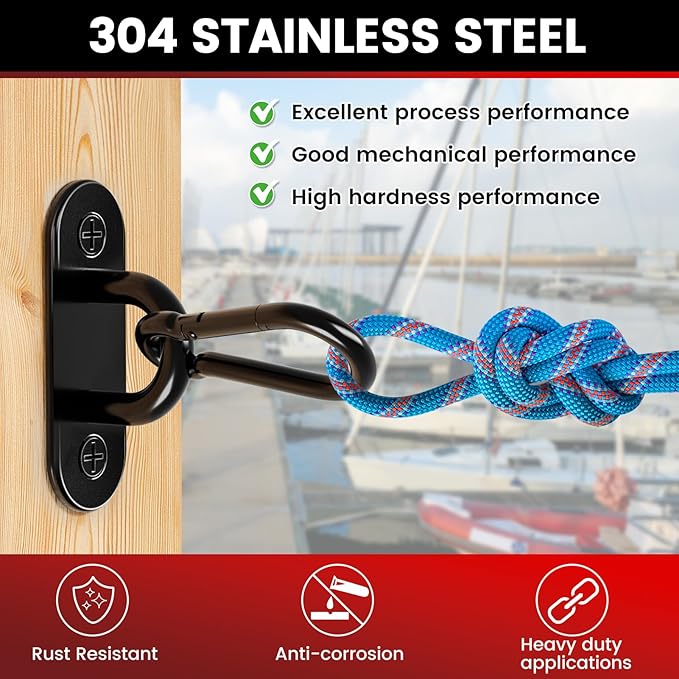 sprookber 304 Stainless Steel Pad Eye Snap Hooks, M8 Heavy Duty Ceiling Hooks, 1200 lb Capacity Hammock Swing Hanging kit, Plant Hangers, Marine Hardware Staple Hook Loop with Screws, Set of 8(Black)
