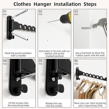 Wall Mounted Clothes Hanger Rack Folding Wall Mounted Clothes Hanger for Laundry with Swing Arm Space Saving Closet Storage Organizer Heavy Duty Coat Hook for Bathroom Bedroom Black 2-Pack