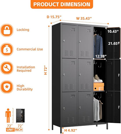 Aobabo 9 Doors Metal Storage Locker for Employees, Metal Locker with 27 Hooks for School Office Gym Garage, Black, Assembly Required