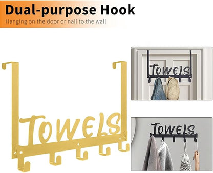 Over The Door Hook, Towel Hook for Bathroom, Towel Hanger Door Rack with 5 Coat Hooks, Over The Door Hanger Towel Rack for Bathroom, Bedroom Towels Coats(Gold)