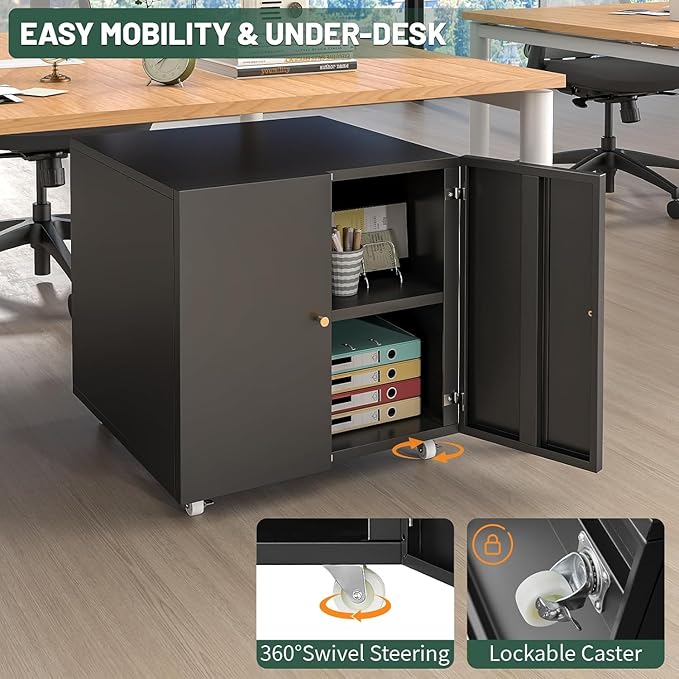 Printer Stand with Storage Cabinet with Wheels,3D Heavy Duty Metal Large Printer Table with Adjustable Shelf for Home Office, Mobile Printer Cart,Black,23.6" H