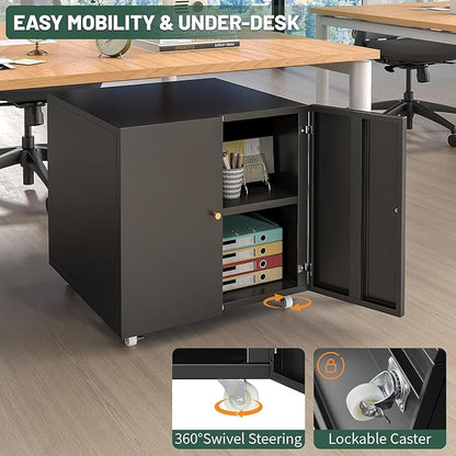 Printer Stand with Storage Cabinet with Wheels,3D Heavy Duty Metal Large Printer Table with Adjustable Shelf for Home Office, Mobile Printer Cart,Black,23.6" H