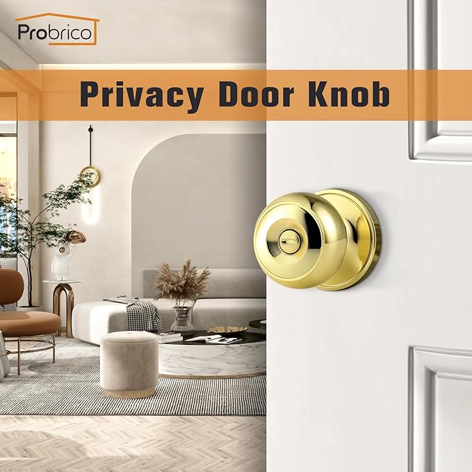Probrico Polished Brass Door Knobs, Interior Door Knobs with Round Ball Knob, Nickel Privacy Door Knob for Bedroom Bathroom, 15 Pack