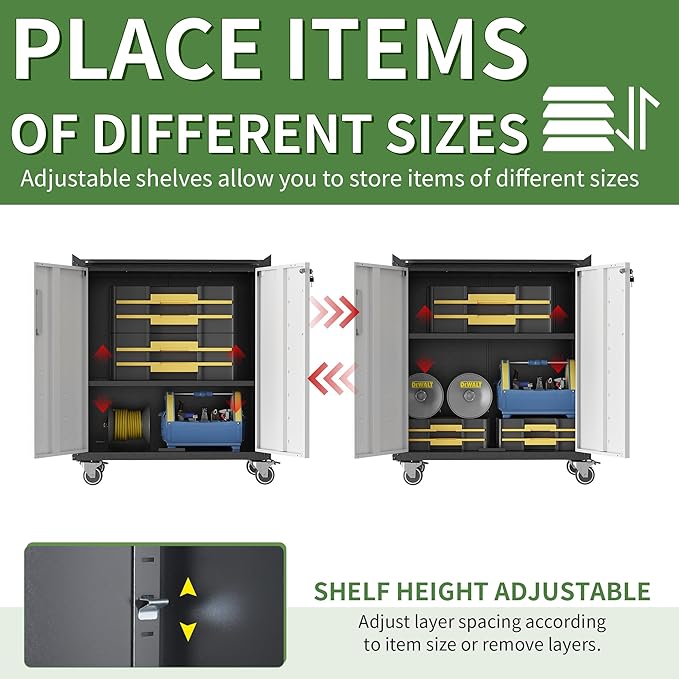 Metal Tool Cabinet,Garage Storage Cabinet System,Wall Cabinet & Locking Rolling Tool Cabinet with Doors and Adjustable Shelves,Steel Tool Cabinets for Home (2 Pcs-StyleC, Black & Grey)
