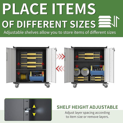 Metal Tool Cabinet,Garage Storage Cabinet System,Wall Cabinet & Locking Rolling Tool Cabinet with Doors and Adjustable Shelves,Steel Tool Cabinets for Home (2 Pcs-StyleC, Black & Grey)