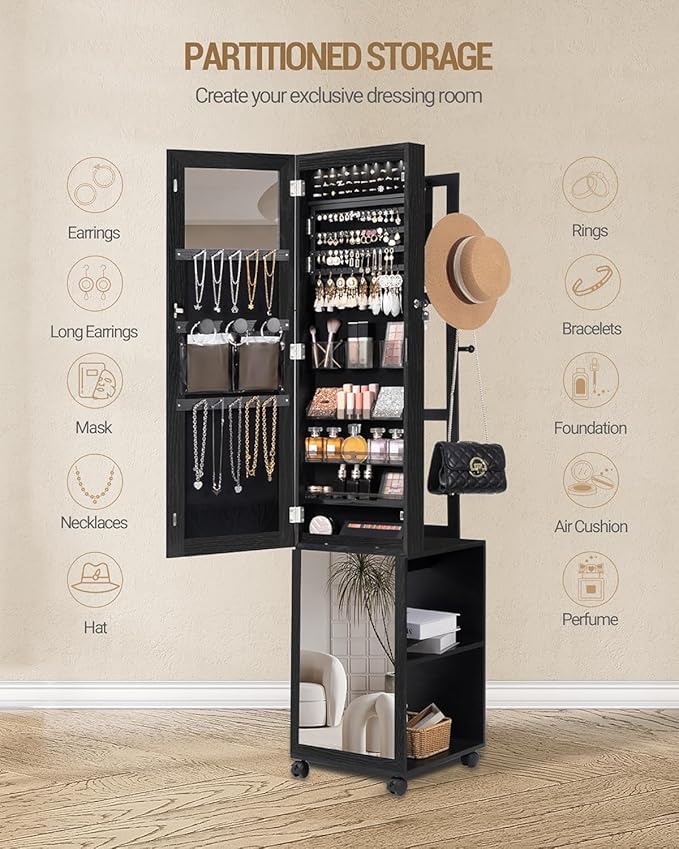 8 LEDs Jewelry Cabinet Armoire, 66.9-inch Jewelry Organizer with Garment Rack, Lockable Full-length Mirror with 4 Wheels, Storage Shelves with Hooks, 5-in-1, Black JC17004B