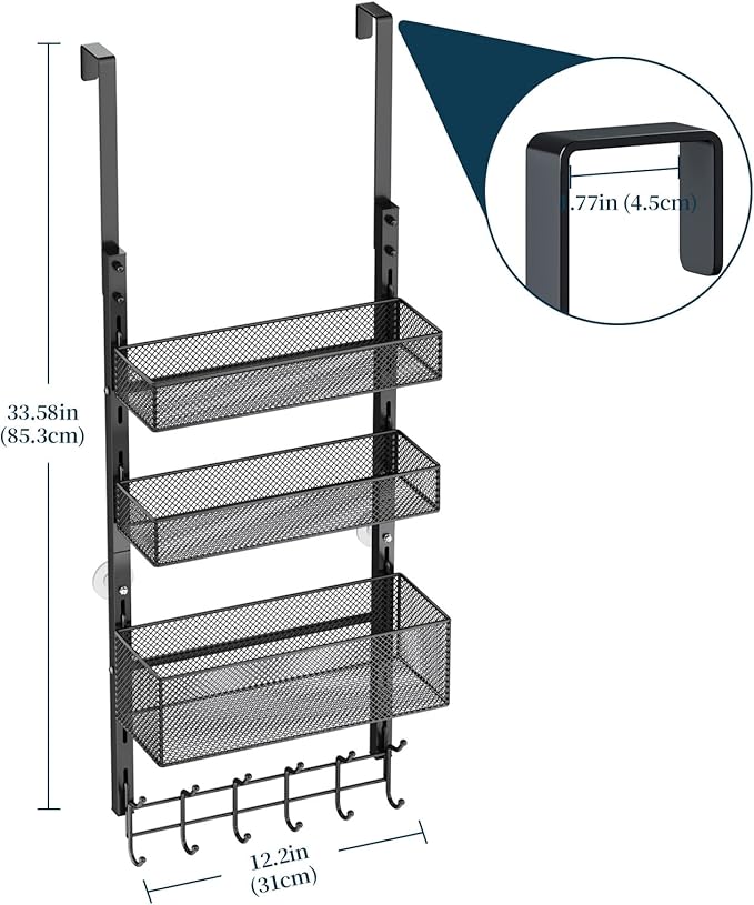 Consumest Over The Door Hooks Organizer - 4 Tier Door Coat Rack with 3 Baskets and 12 Hooks, Stainless Steel Towel Hanger for Bedroom, Bathroom, Living Room, Black