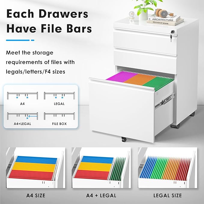 Greenvelly 3-Drawer Mobile File Cabinet with Locking Drawers & Wheels, No Assembly Required White Rolling Metal Filing Cabinet for Home Office, Lockable File Organizer Under Desk or Letter/Legal Files