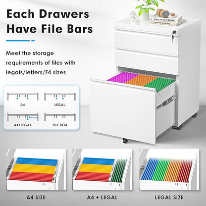 Greenvelly 3-Drawer Mobile File Cabinet with Locking Drawers & Wheels, No Assembly Required White Rolling Metal Filing Cabinet for Home Office, Lockable File Organizer Under Desk or Letter/Legal Files
