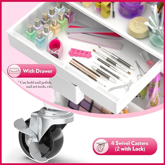 Makeup Cart Organizer with Drawers, 4 Tier Floor Skincare Organizers for Vanity, Rolling Makeup Bathroom Storage Cart Cosmetics Display Cases for Skin Care Perfume Nail Polish, White