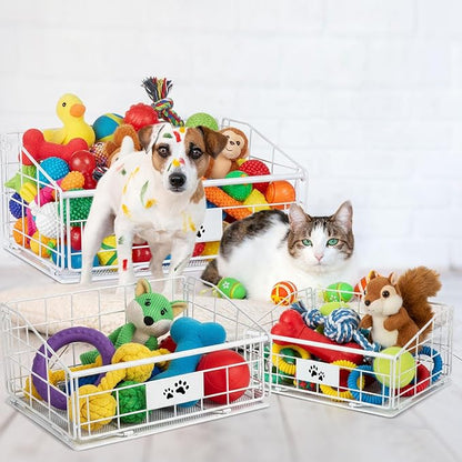 Mimorou 3 Pack Metal Dog Toy Baskets Multi-sized Foldable Dog Toy Bins Box Storage Container Organizer for Living Room Area Decorative Pet Accessories Coat Clothing Storage Holder Baskets(White)