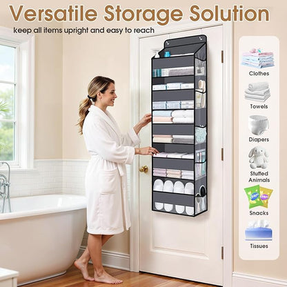 WISELIFE Over The Door Organizer Storage with 5 Large Pockets Door Hanging Organizer with Clear Windows behind The Door Storage for Nursery Bedroom Bathroom Pantry Closet and Baby Essentials Dark Grey