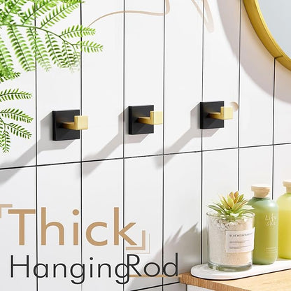 KOKOSIRI Robe Hooks for Wall Bathroom Towel Hooks Coat Hook Kitchen Garage Heavy Duty Wall Mounted Stainless Steel Brushed Gold and Matte Black, 3 Pack B1010GDK-P3