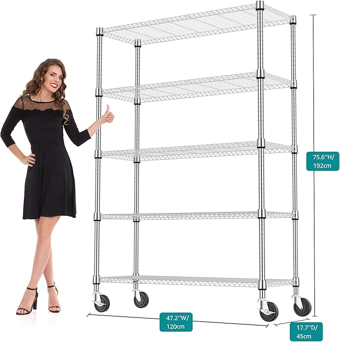 1750LBS 47.2" W 5 Tiers Storage Shelves Metal Shelving Unit with Wheels Heavy Duty Garage Shelving Adjustable Wire Shelves for Pantry,Kitchen,Garage,Basement,Chrome 17.7" D x 47.2" W x 76.8" H