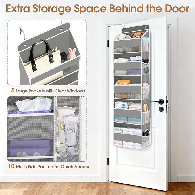 WISELIFE Over The Door Organizer Storage with 5 Large Pockets Door Hanging Organizer with Clear Windows Behind The Door Storage for Nursery Bedroom Bathroom Pantry Closet and Baby Essentials Grey