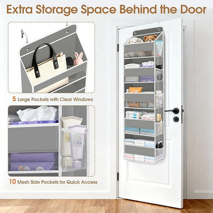 WISELIFE Over The Door Organizer Storage with 5 Large Pockets Door Hanging Organizer with Clear Windows Behind The Door Storage for Nursery Bedroom Bathroom Pantry Closet and Baby Essentials Grey